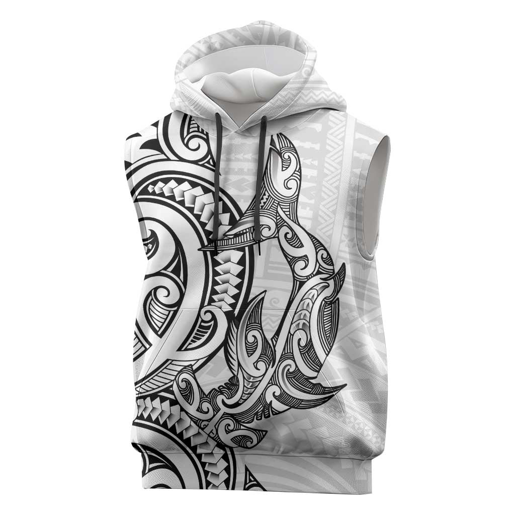 New Zealand Hammerhead Shark Sleeveless Hoodie Maori Haehae Mangopare White - Polynesian Pride