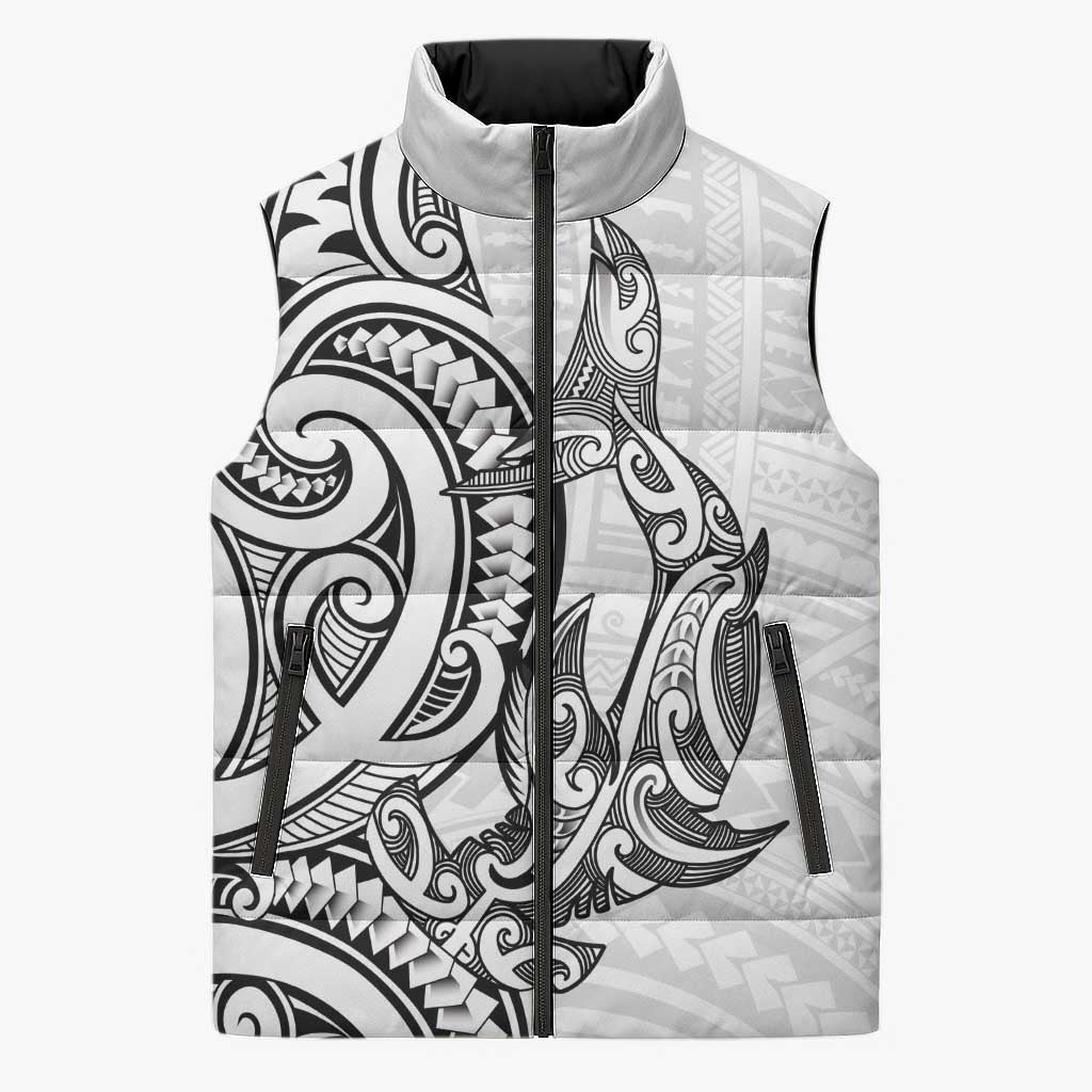 New Zealand Hammerhead Shark Sleeveless Puffer Jacket Maori Haehae Mangopare White - Polynesian Pride