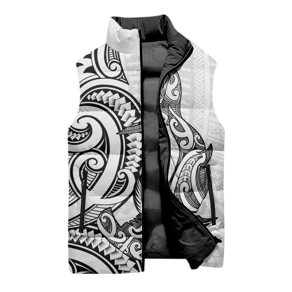 New Zealand Hammerhead Shark Sleeveless Puffer Jacket Maori Haehae Mangopare White - Polynesian Pride
