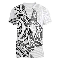 New Zealand Hammerhead Shark Women V-Neck T-Shirt Maori Haehae Mangopare White - Polynesian Pride