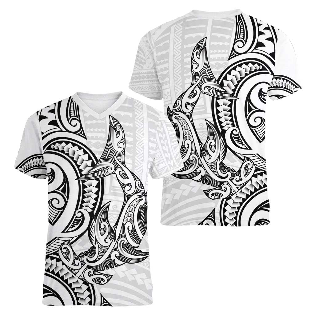 New Zealand Hammerhead Shark Women V-Neck T-Shirt Maori Haehae Mangopare White - Polynesian Pride