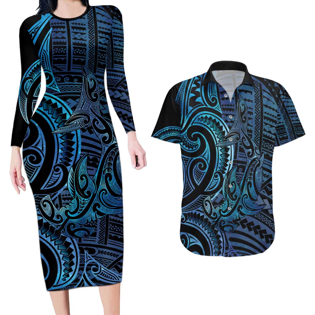 New Zealand Hammerhead Shark Couples Matching Long Sleeve Bodycon Dress and Hawaiian Shirt Maori Haehae Mangopare Galaxy - Polynesian Pride