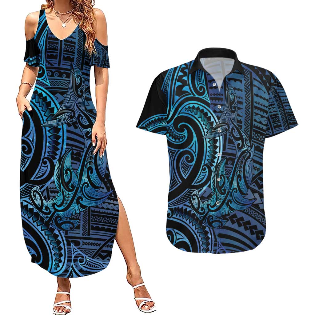 New Zealand Hammerhead Shark Couples Matching Summer Maxi Dress and Hawaiian Shirt Maori Haehae Mangopare Galaxy - Polynesian Pride