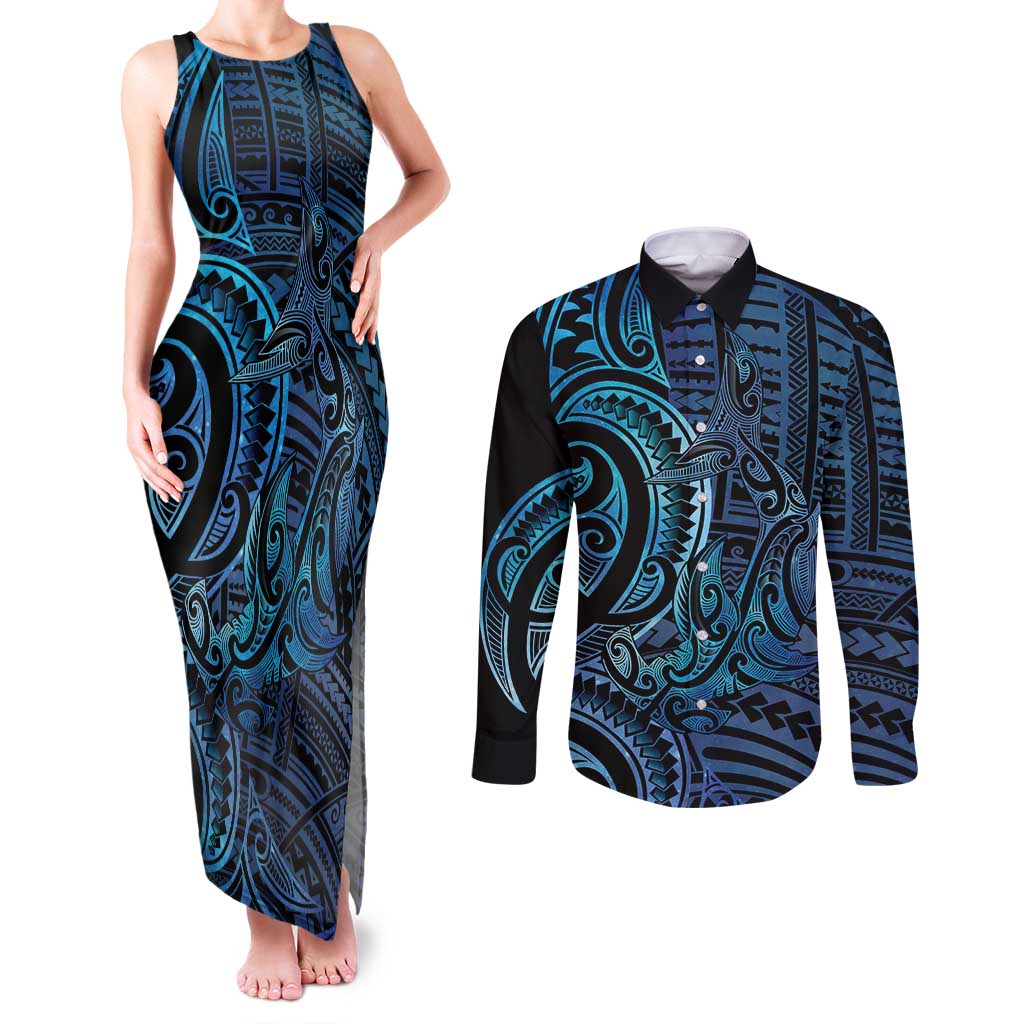 New Zealand Hammerhead Shark Couples Matching Tank Maxi Dress and Long Sleeve Button Shirt Maori Haehae Mangopare Galaxy - Polynesian Pride