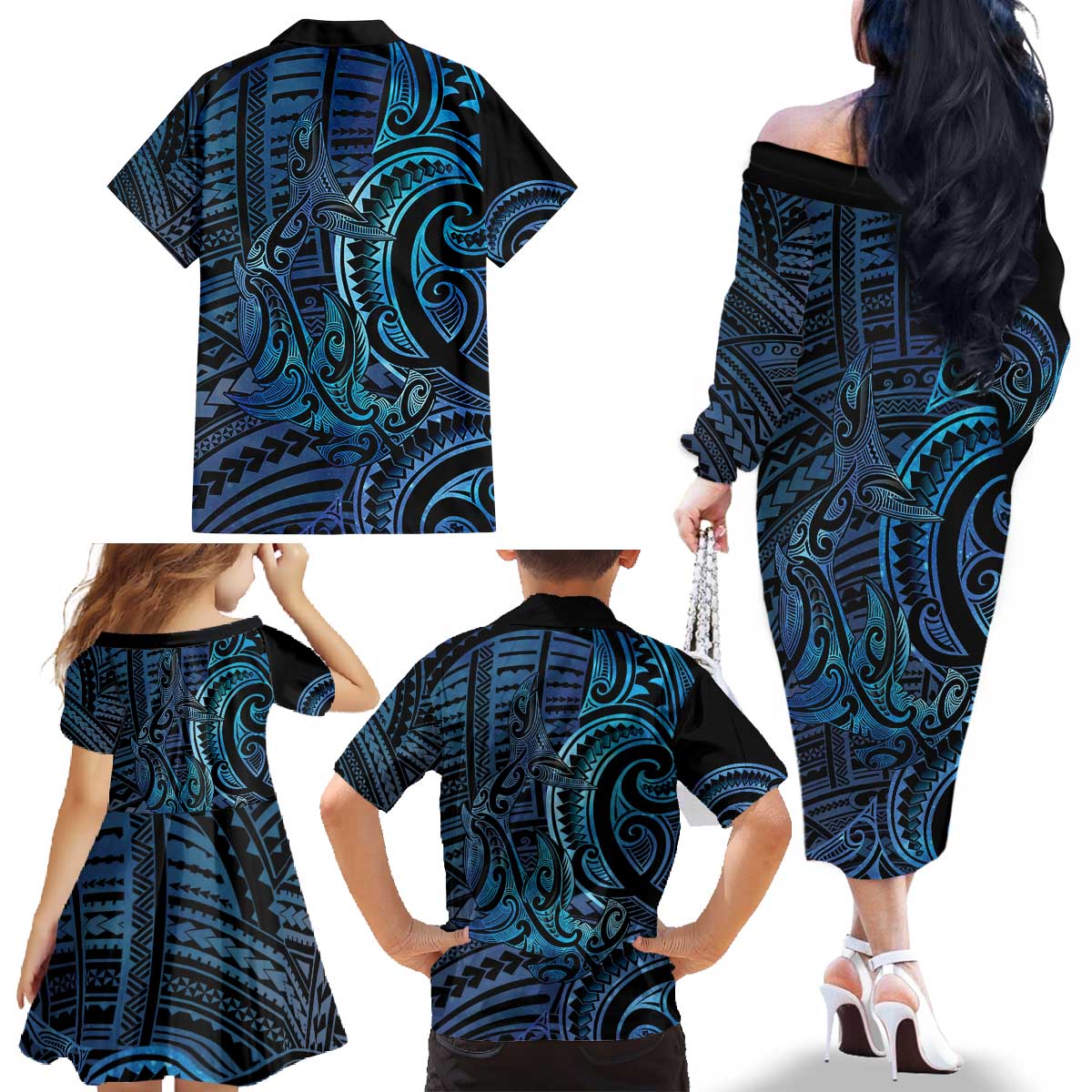 New Zealand Hammerhead Shark Family Matching Off The Shoulder Long Sleeve Dress and Hawaiian Shirt Maori Haehae Mangopare Galaxy - Polynesian Pride