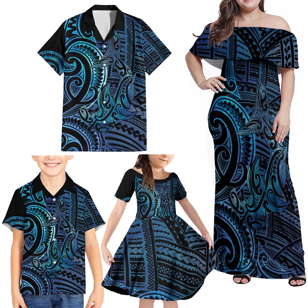 New Zealand Hammerhead Shark Family Matching Off Shoulder Maxi Dress and Hawaiian Shirt Maori Haehae Mangopare Galaxy - Polynesian Pride