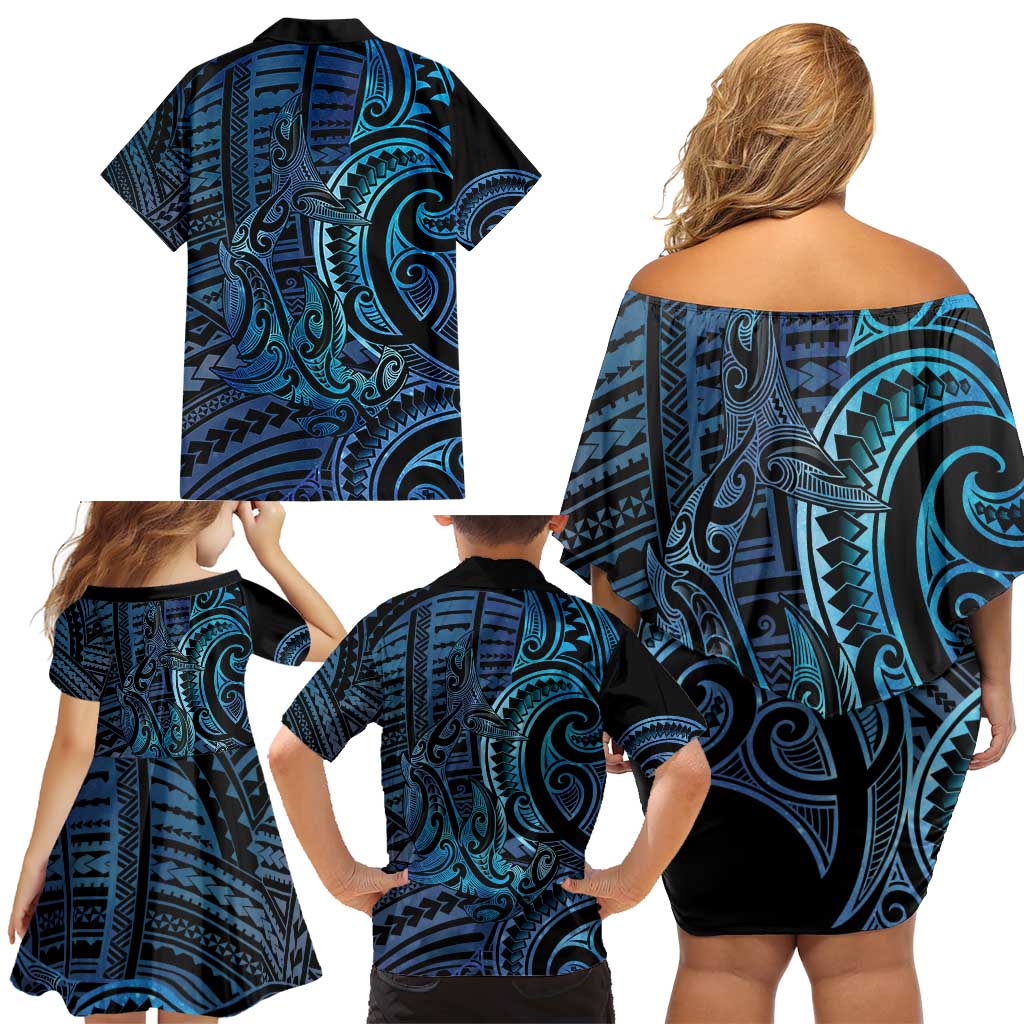 New Zealand Hammerhead Shark Family Matching Off Shoulder Short Dress and Hawaiian Shirt Maori Haehae Mangopare Galaxy - Polynesian Pride