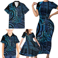 New Zealand Hammerhead Shark Family Matching Short Sleeve Bodycon Dress and Hawaiian Shirt Maori Haehae Mangopare Galaxy - Polynesian Pride