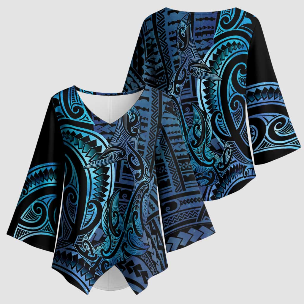 New Zealand Hammerhead Shark Kimono Sleeve Blouse Maori Haehae Mangopare Galaxy - Polynesian Pride