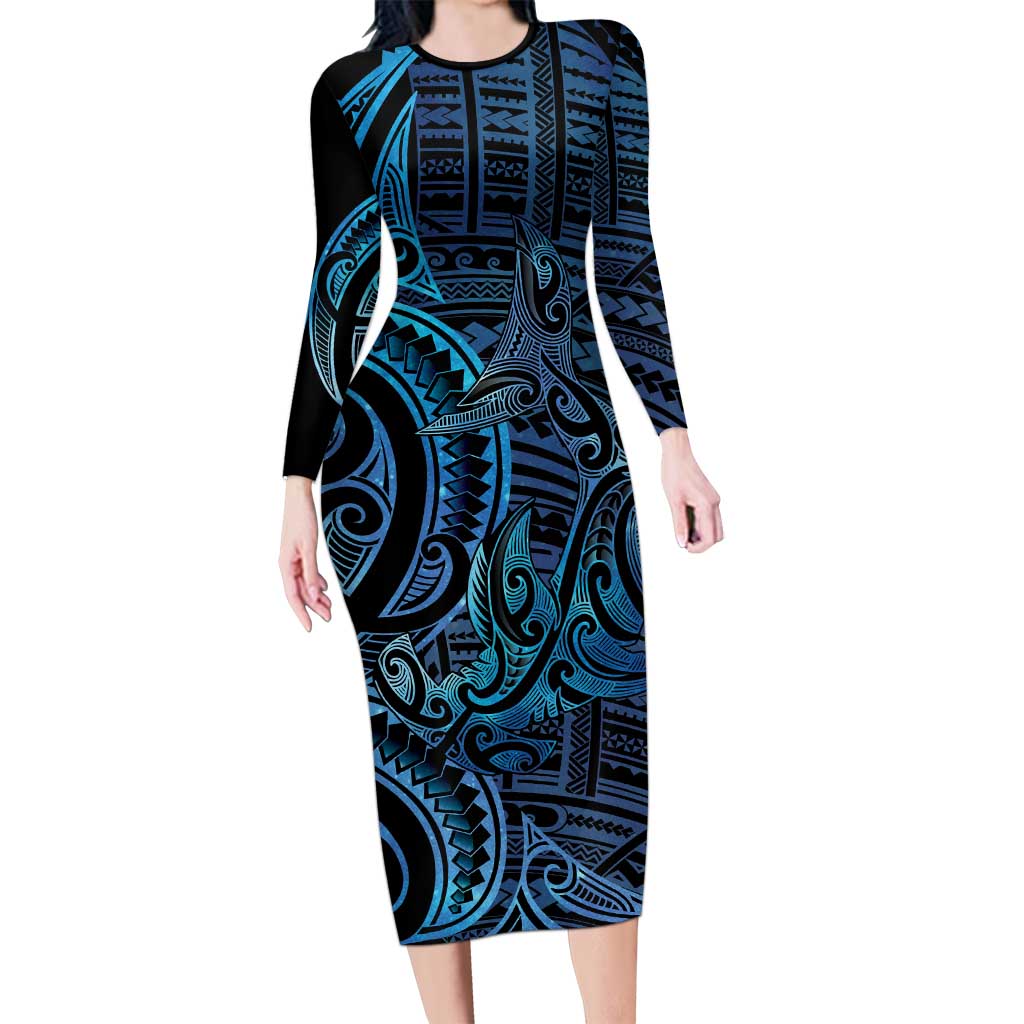 New Zealand Hammerhead Shark Long Sleeve Bodycon Dress Maori Haehae Mangopare Galaxy - Polynesian Pride