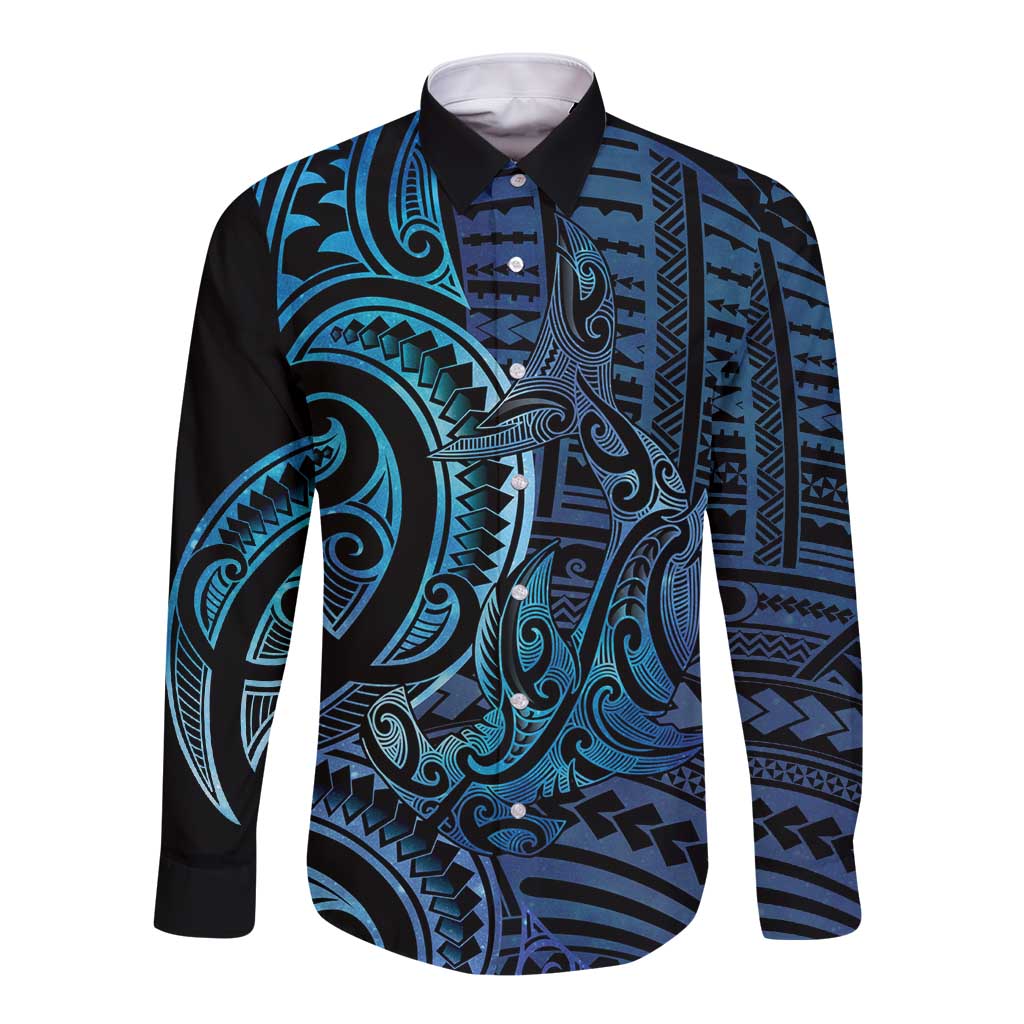 New Zealand Hammerhead Shark Long Sleeve Button Shirt Maori Haehae Mangopare Galaxy - Polynesian Pride