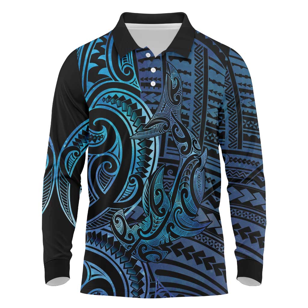 New Zealand Hammerhead Shark Long Sleeve Polo Shirt Maori Haehae Mangopare Galaxy - Polynesian Pride