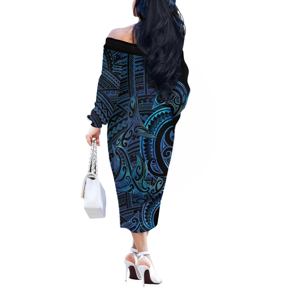 New Zealand Hammerhead Shark Off The Shoulder Long Sleeve Dress Maori Haehae Mangopare Galaxy - Polynesian Pride