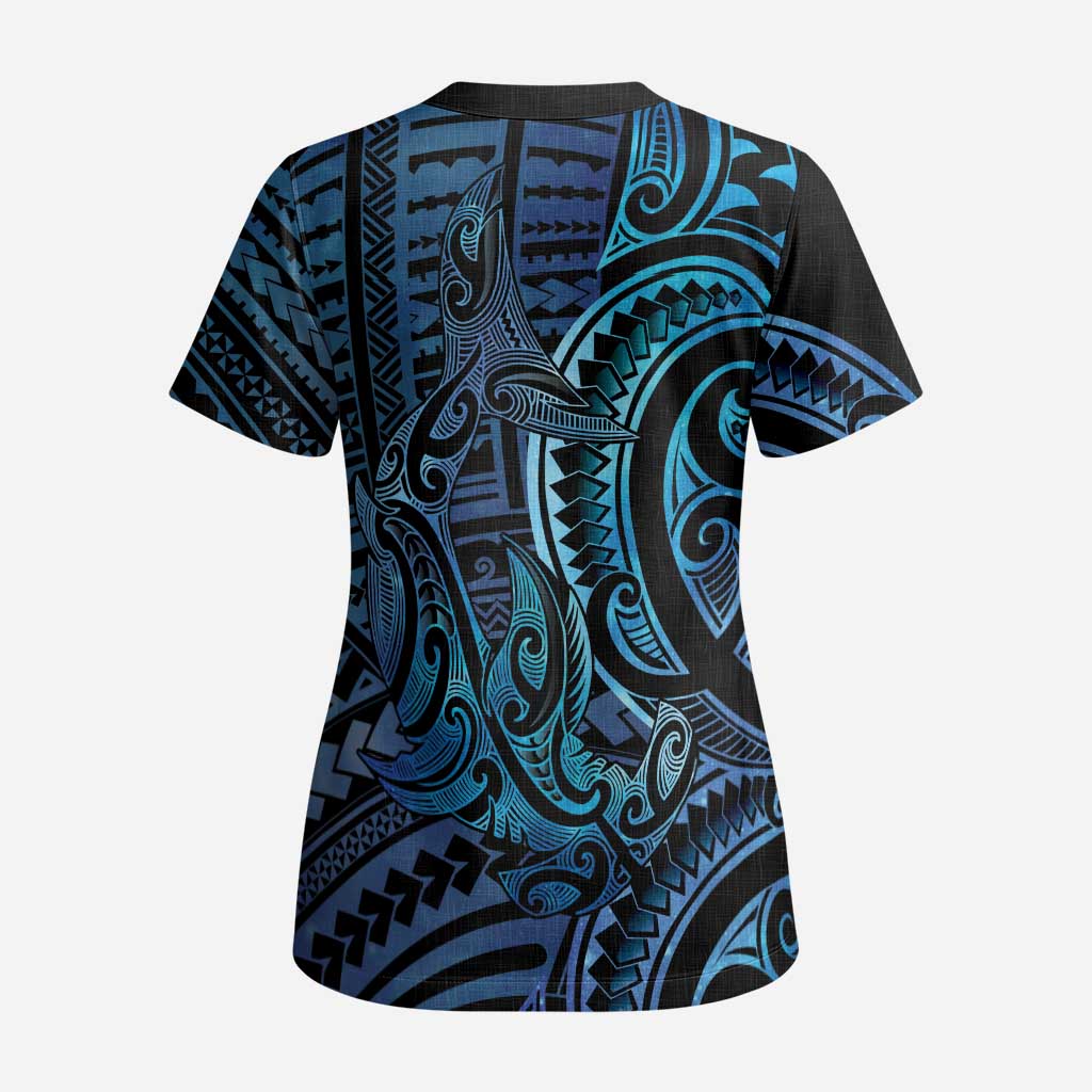New Zealand Hammerhead Shark Scrub Top Maori Haehae Mangopare Galaxy - Polynesian Pride