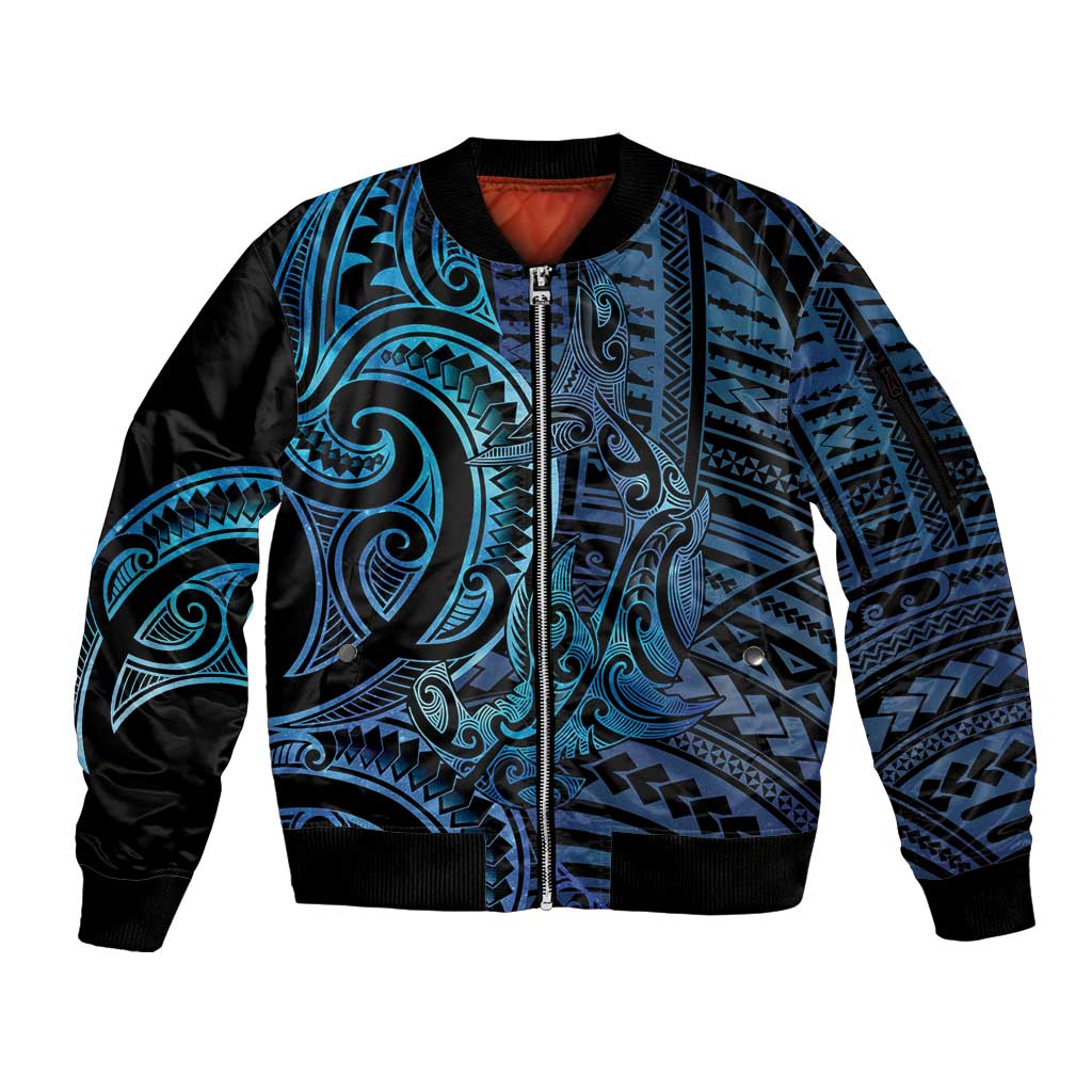 New Zealand Hammerhead Shark Sleeve Zip Bomber Jacket Maori Haehae Mangopare Galaxy - Polynesian Pride