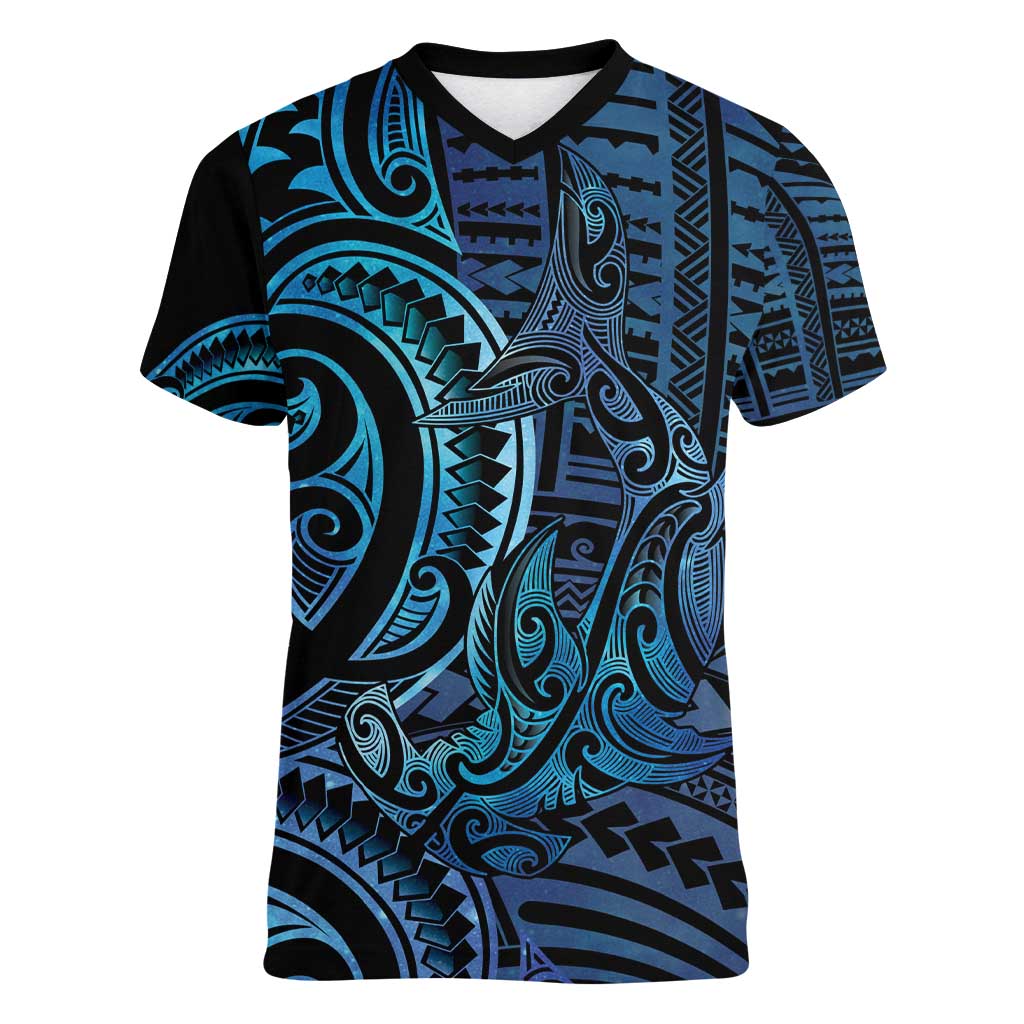 New Zealand Hammerhead Shark Women V-Neck T-Shirt Maori Haehae Mangopare Galaxy - Polynesian Pride