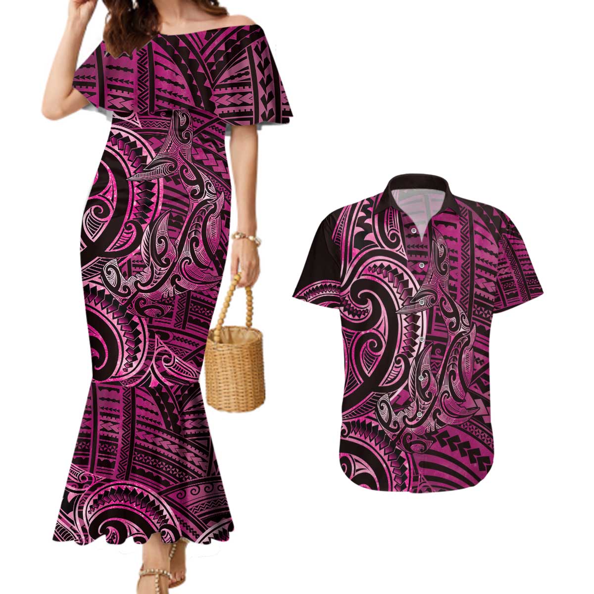New Zealand Hammerhead Shark Couples Matching Mermaid Dress and Hawaiian Shirt Maori Haehae Mangopare Pink - Polynesian Pride
