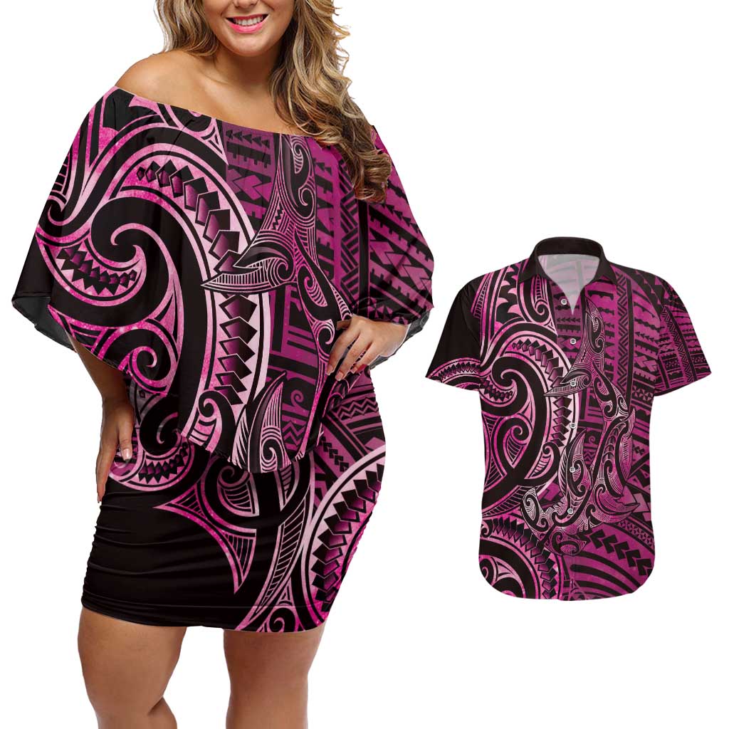 New Zealand Hammerhead Shark Couples Matching Off Shoulder Short Dress and Hawaiian Shirt Maori Haehae Mangopare Pink - Polynesian Pride