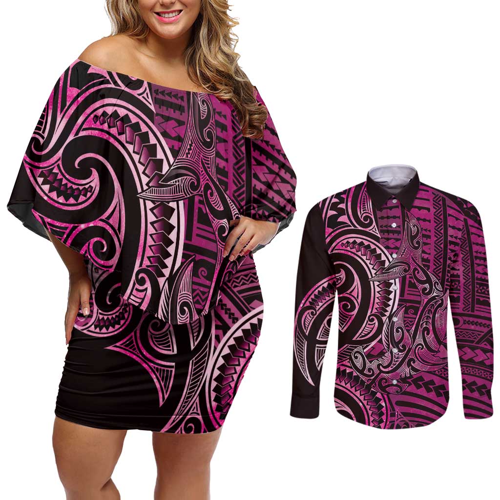 New Zealand Hammerhead Shark Couples Matching Off Shoulder Short Dress and Long Sleeve Button Shirt Maori Haehae Mangopare Pink - Polynesian Pride