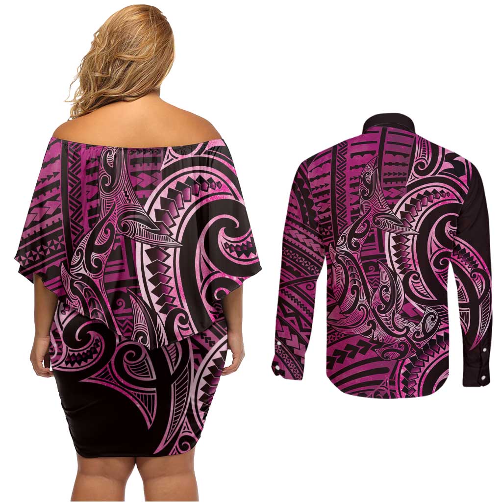 New Zealand Hammerhead Shark Couples Matching Off Shoulder Short Dress and Long Sleeve Button Shirt Maori Haehae Mangopare Pink - Polynesian Pride