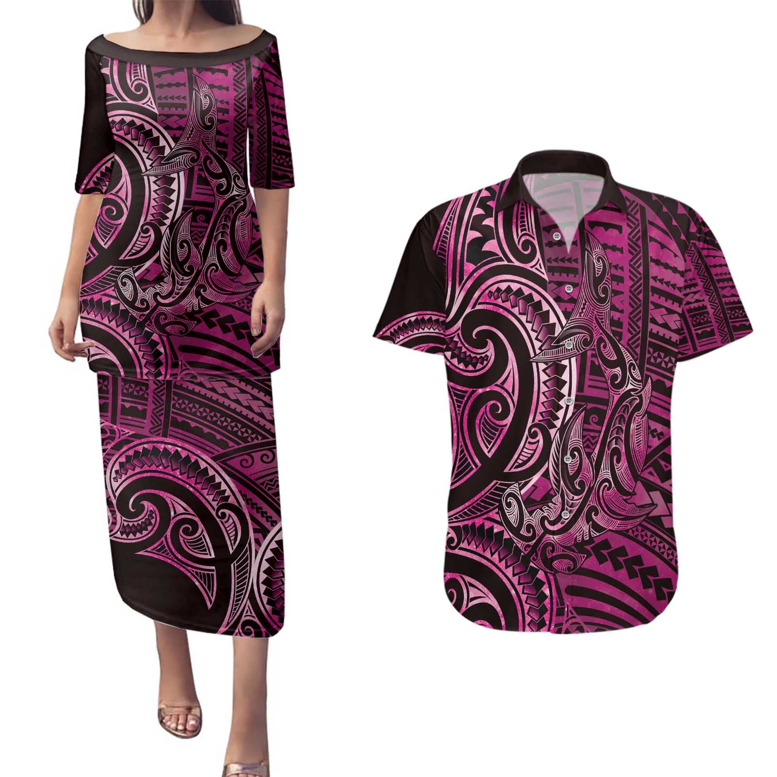 New Zealand Hammerhead Shark Couples Matching Puletasi and Hawaiian Shirt Maori Haehae Mangopare Pink - Polynesian Pride