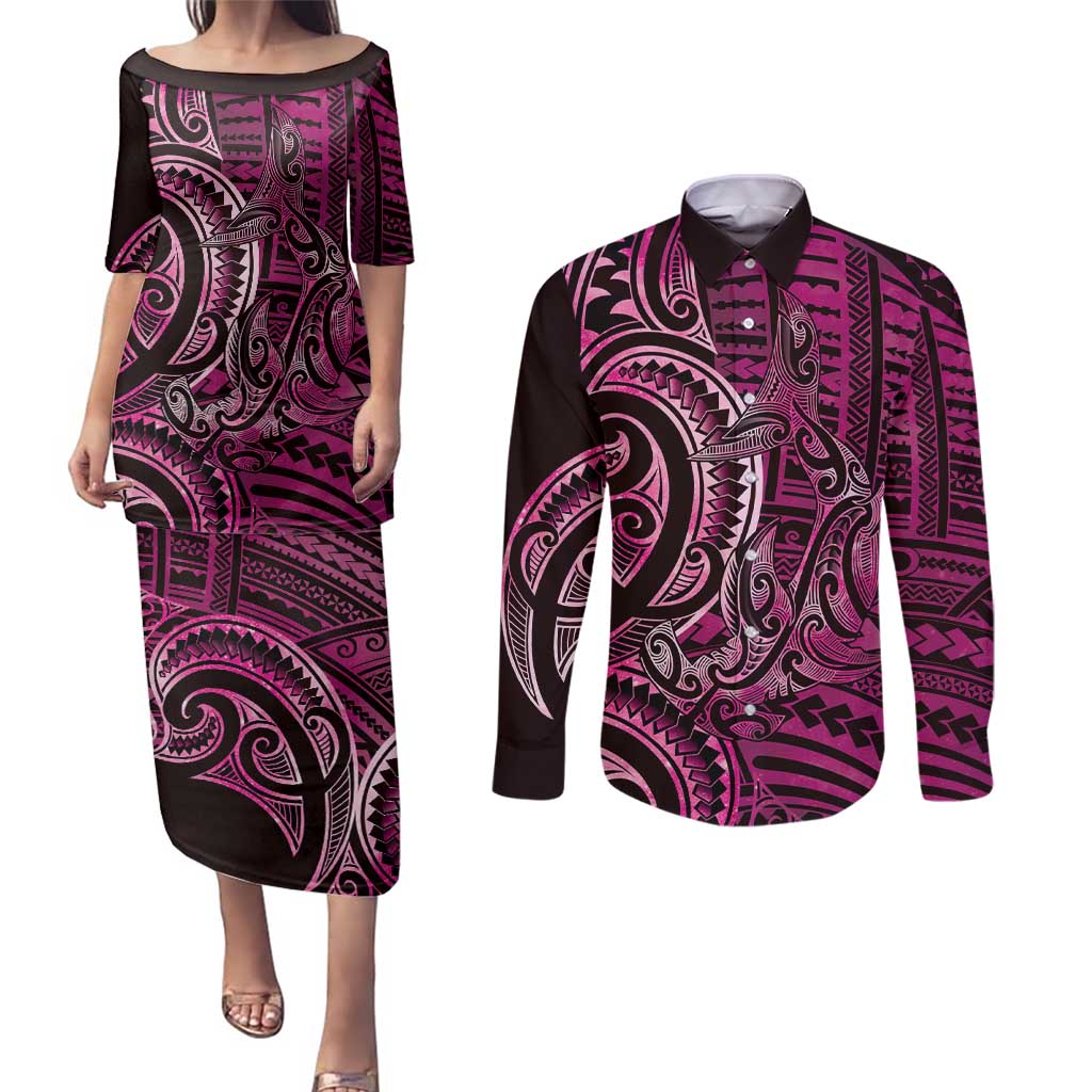 New Zealand Hammerhead Shark Couples Matching Puletasi and Long Sleeve Button Shirt Maori Haehae Mangopare Pink - Polynesian Pride