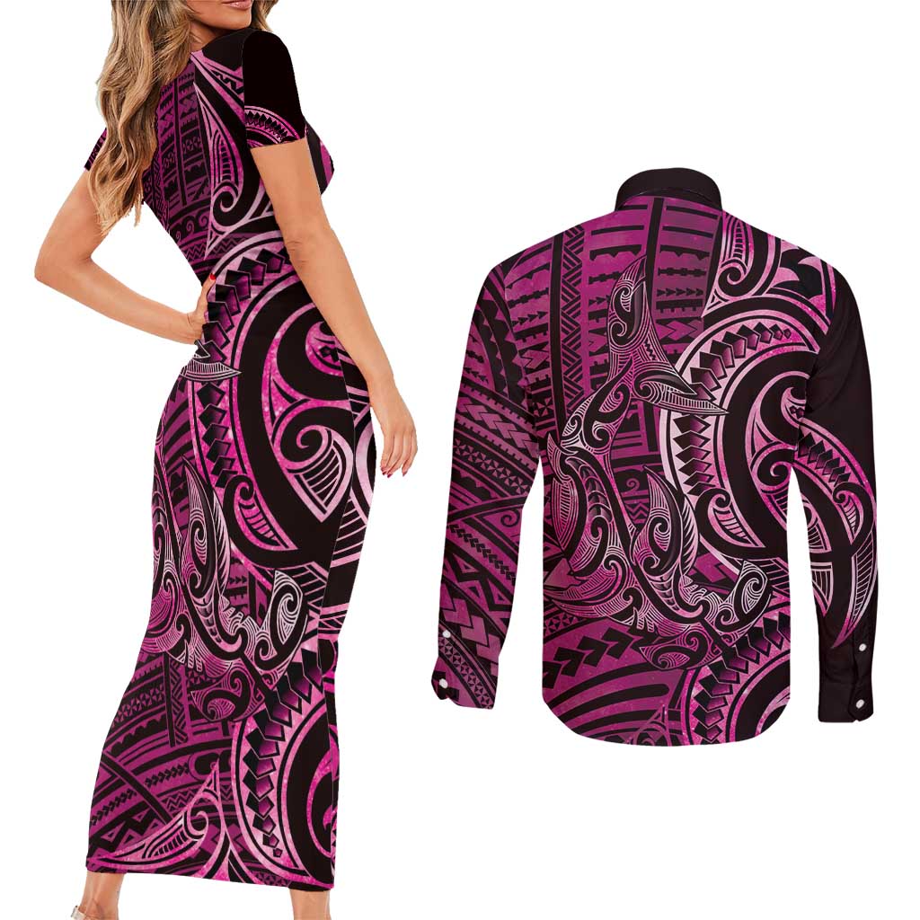 New Zealand Hammerhead Shark Couples Matching Short Sleeve Bodycon Dress and Long Sleeve Button Shirt Maori Haehae Mangopare Pink - Polynesian Pride