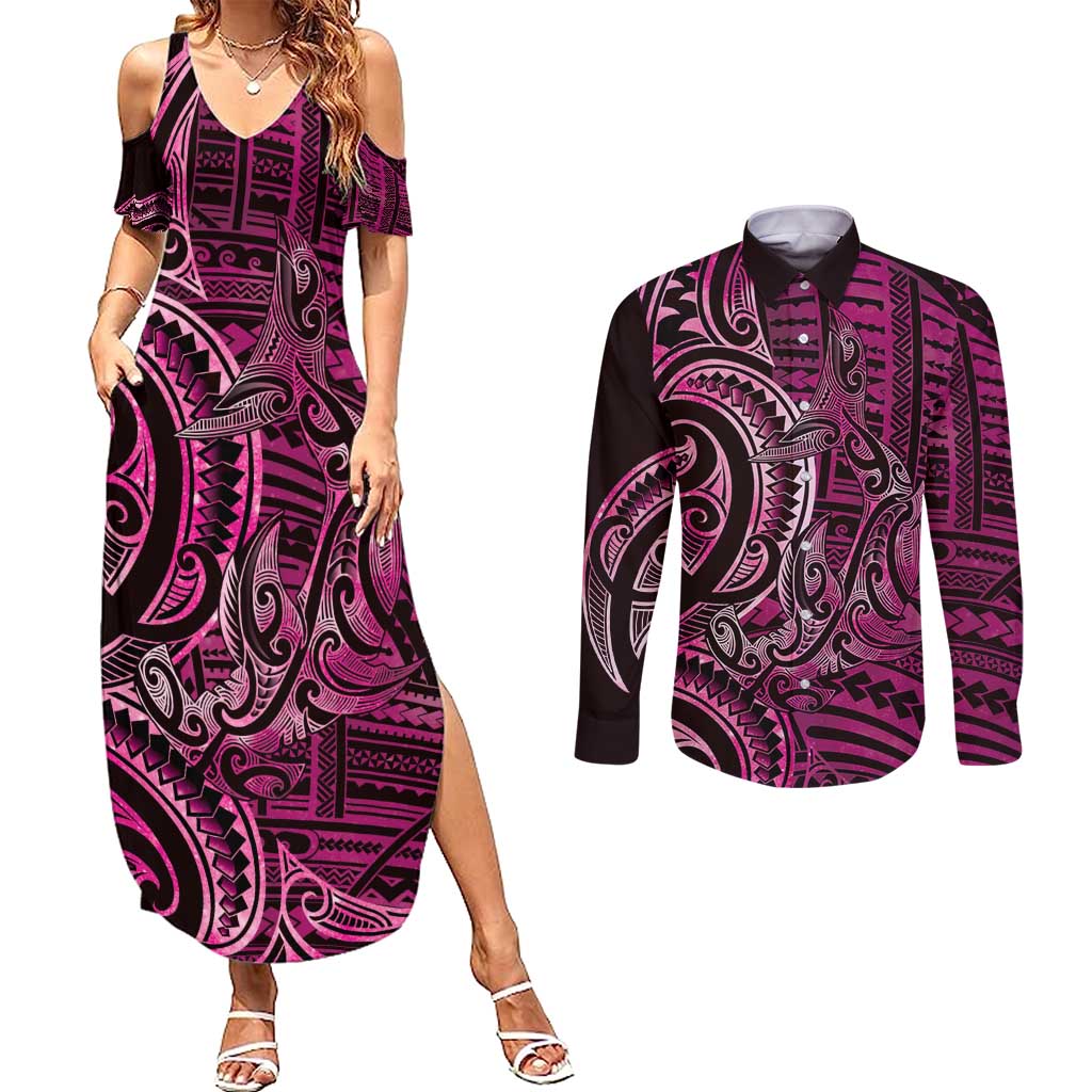 New Zealand Hammerhead Shark Couples Matching Summer Maxi Dress and Long Sleeve Button Shirt Maori Haehae Mangopare Pink - Polynesian Pride