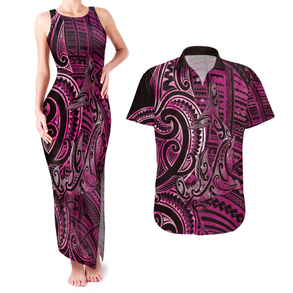 New Zealand Hammerhead Shark Couples Matching Tank Maxi Dress and Hawaiian Shirt Maori Haehae Mangopare Pink - Polynesian Pride