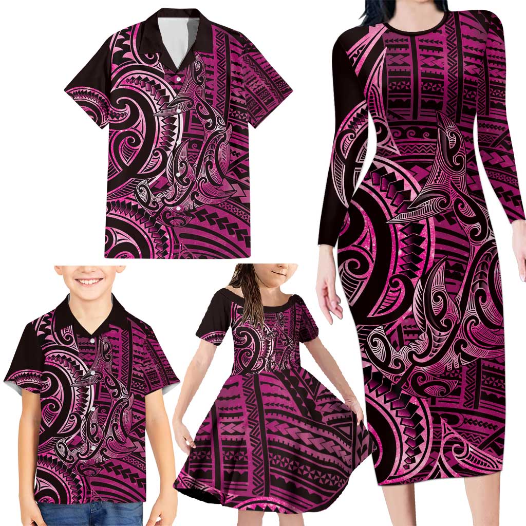 New Zealand Hammerhead Shark Family Matching Long Sleeve Bodycon Dress and Hawaiian Shirt Maori Haehae Mangopare Pink - Polynesian Pride