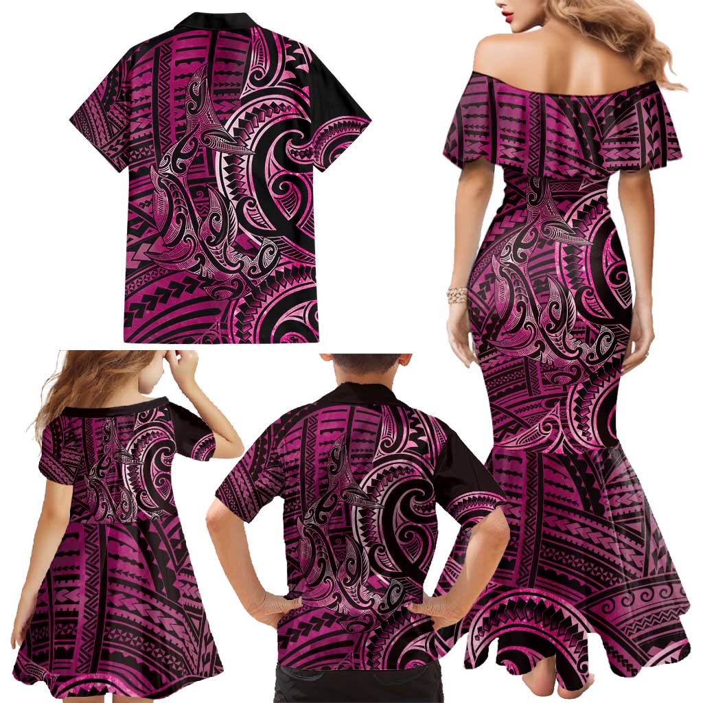 New Zealand Hammerhead Shark Family Matching Mermaid Dress and Hawaiian Shirt Maori Haehae Mangopare Pink - Polynesian Pride