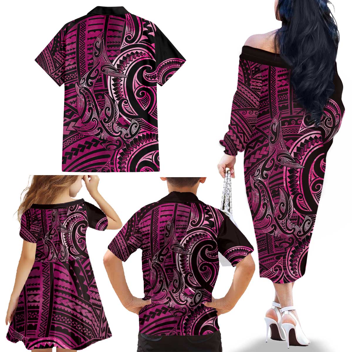 New Zealand Hammerhead Shark Family Matching Off The Shoulder Long Sleeve Dress and Hawaiian Shirt Maori Haehae Mangopare Pink - Polynesian Pride