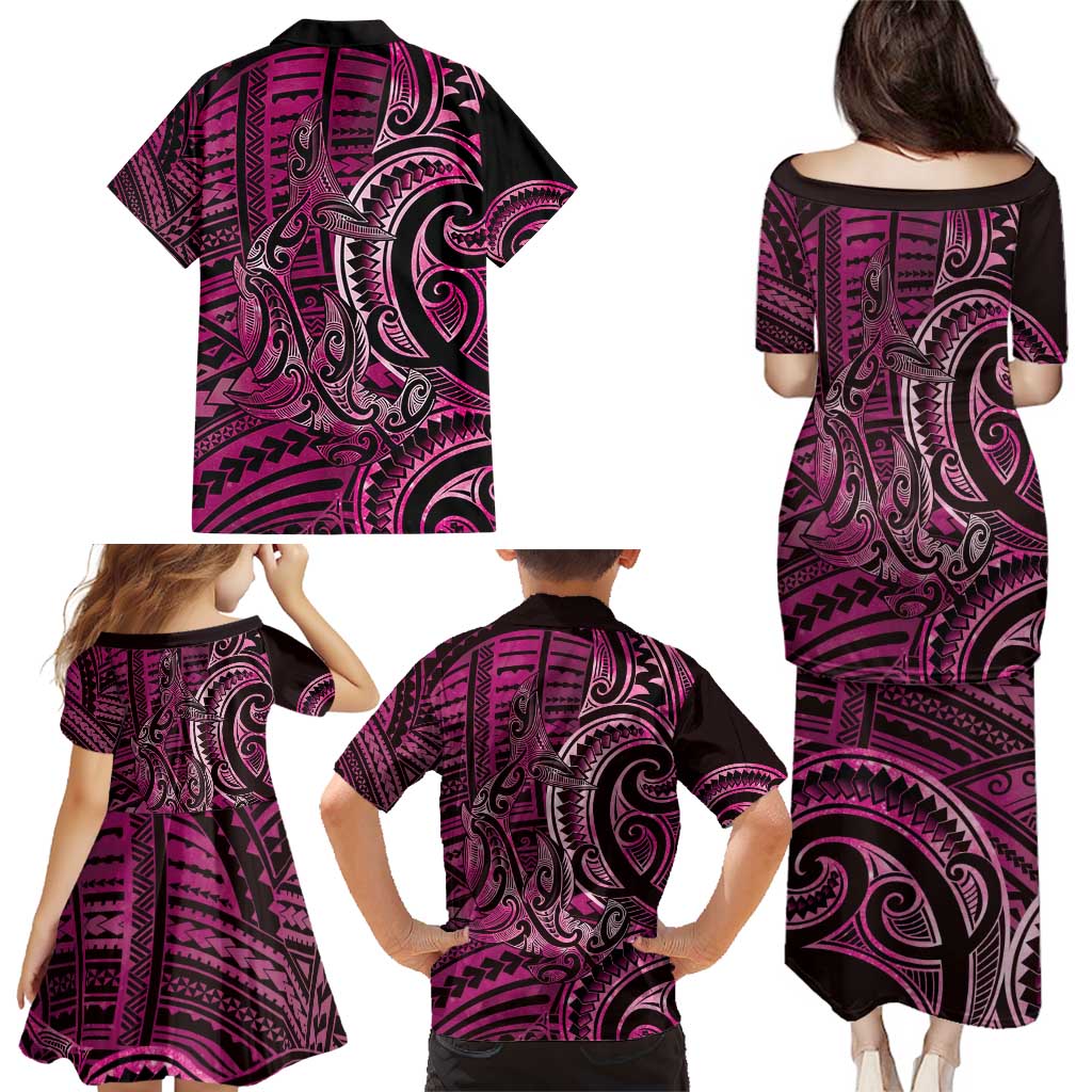 New Zealand Hammerhead Shark Family Matching Puletasi and Hawaiian Shirt Maori Haehae Mangopare Pink - Polynesian Pride