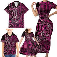 New Zealand Hammerhead Shark Family Matching Short Sleeve Bodycon Dress and Hawaiian Shirt Maori Haehae Mangopare Pink - Polynesian Pride
