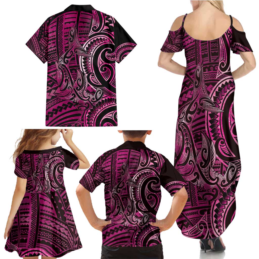 New Zealand Hammerhead Shark Family Matching Summer Maxi Dress and Hawaiian Shirt Maori Haehae Mangopare Pink - Polynesian Pride