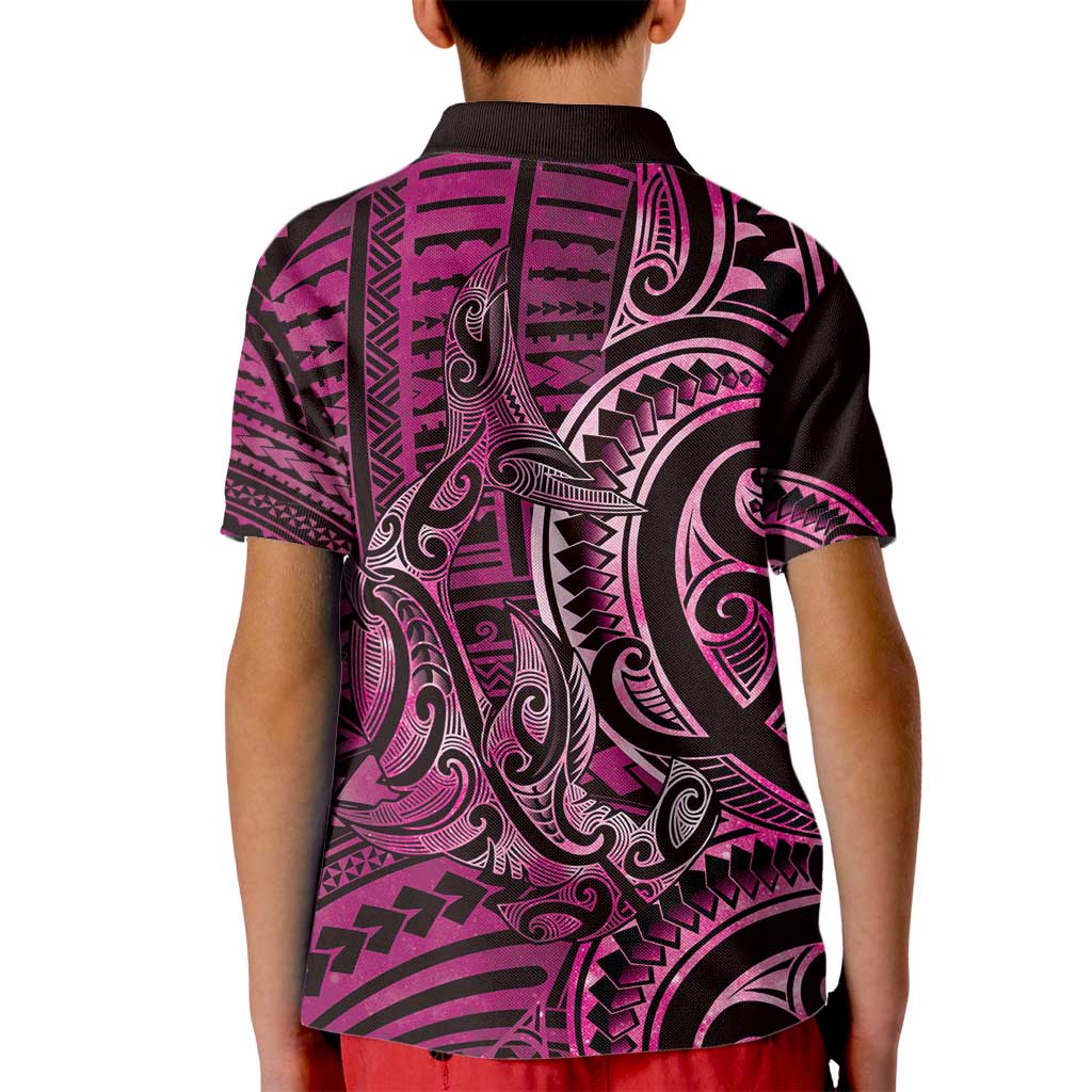 New Zealand Hammerhead Shark Kid Polo Shirt Maori Haehae Mangopare Pink - Polynesian Pride