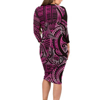 New Zealand Hammerhead Shark Long Sleeve Bodycon Dress Maori Haehae Mangopare Pink - Polynesian Pride