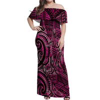 New Zealand Hammerhead Shark Off Shoulder Maxi Dress Maori Haehae Mangopare Pink - Polynesian Pride