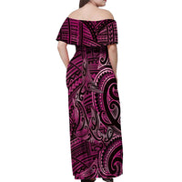 New Zealand Hammerhead Shark Off Shoulder Maxi Dress Maori Haehae Mangopare Pink - Polynesian Pride