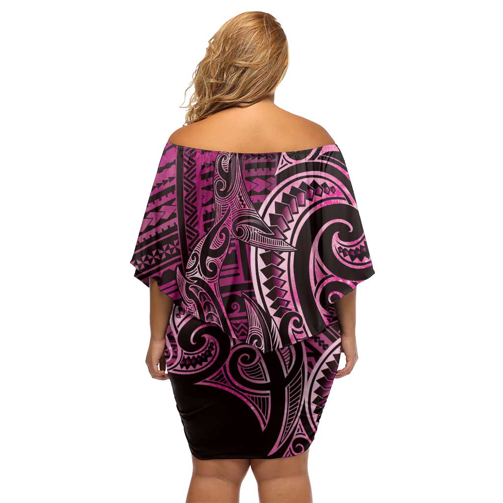 New Zealand Hammerhead Shark Off Shoulder Short Dress Maori Haehae Mangopare Pink - Polynesian Pride