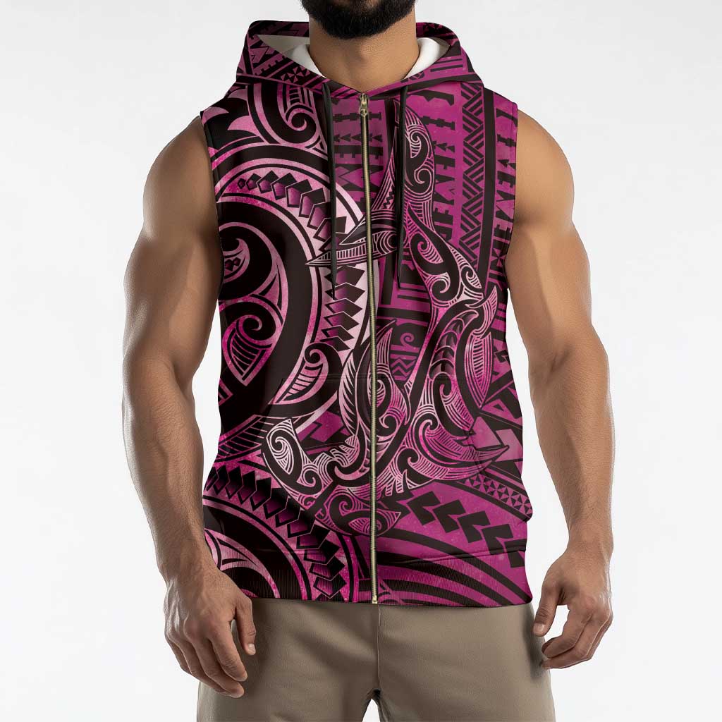New Zealand Hammerhead Shark Sleeveless Zip Hoodie Maori Haehae Mangopare Pink - Polynesian Pride