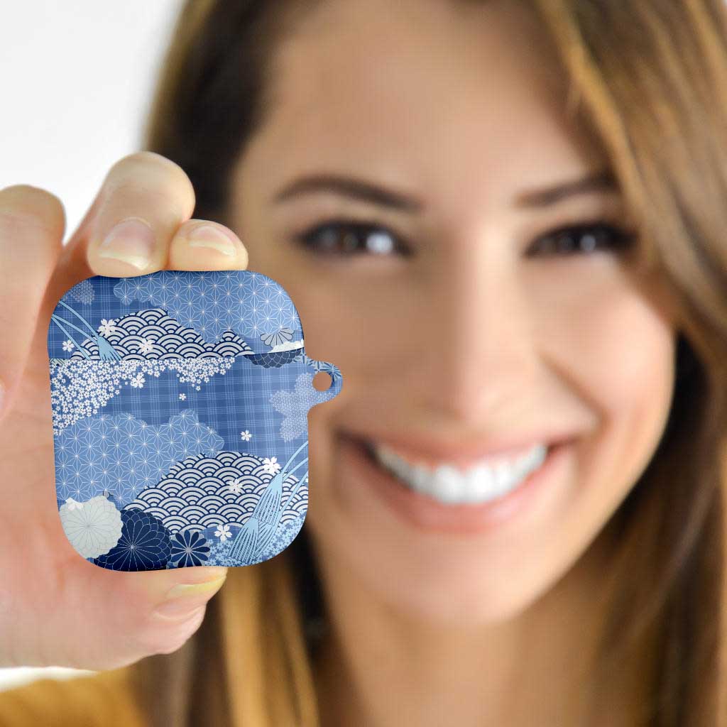 Blue Palaka Japanese Patterns AirPods Case Asanoha Seigaiha Sakura Motif - Polynesian Pride