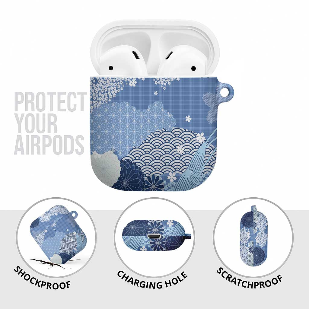 Blue Palaka Japanese Patterns AirPods Case Asanoha Seigaiha Sakura Motif - Polynesian Pride