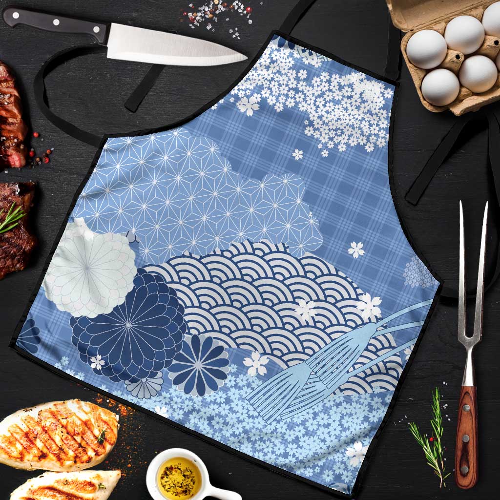 Blue Palaka Japanese Patterns Apron Asanoha Seigaiha Sakura Motif - Polynesian Pride