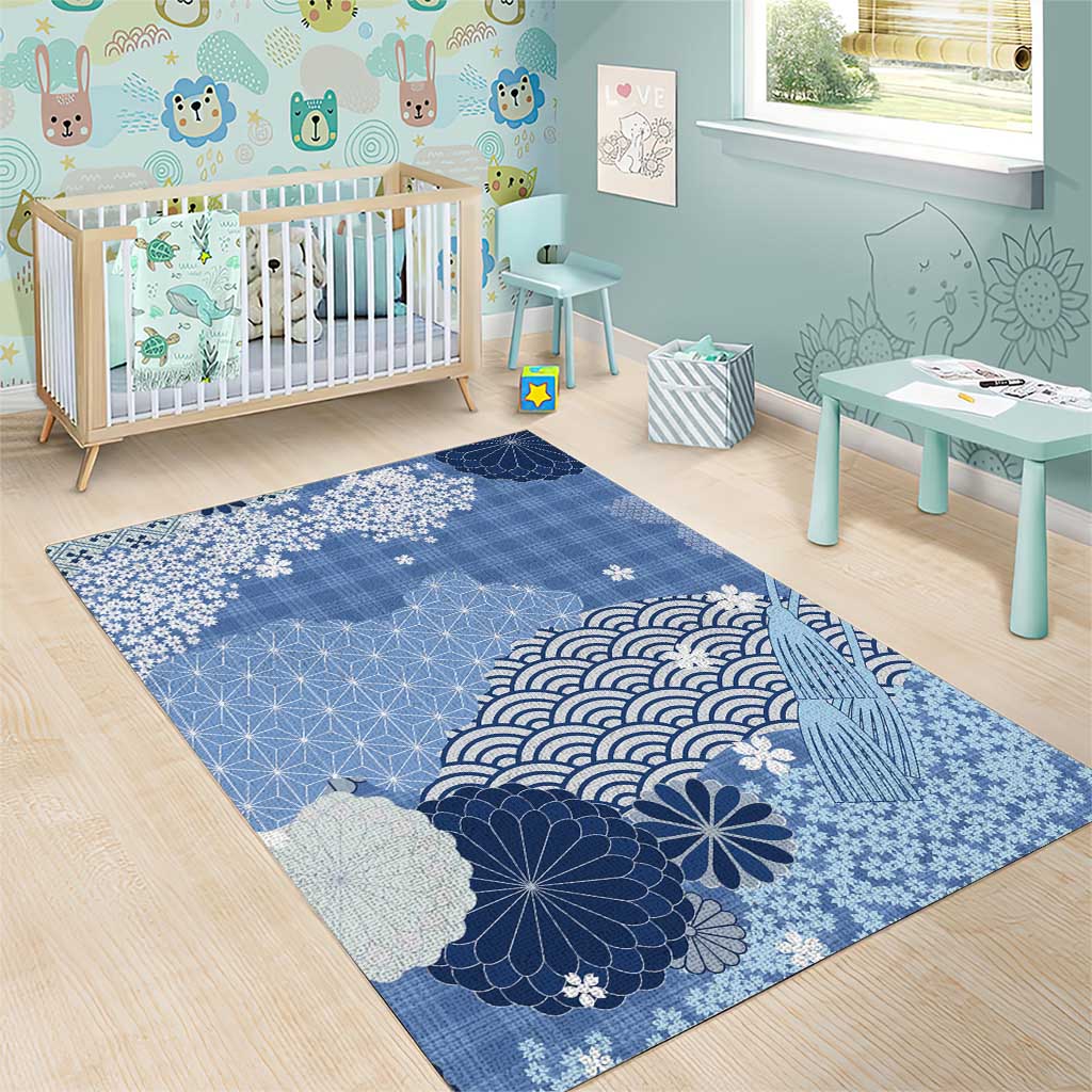 Blue Palaka Japanese Patterns Area Rug Asanoha Seigaiha Sakura Motif - Polynesian Pride