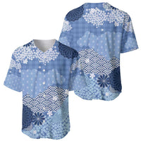 Blue Palaka Japanese Patterns Baseball Jersey Asanoha Seigaiha Sakura Motif - Polynesian Pride