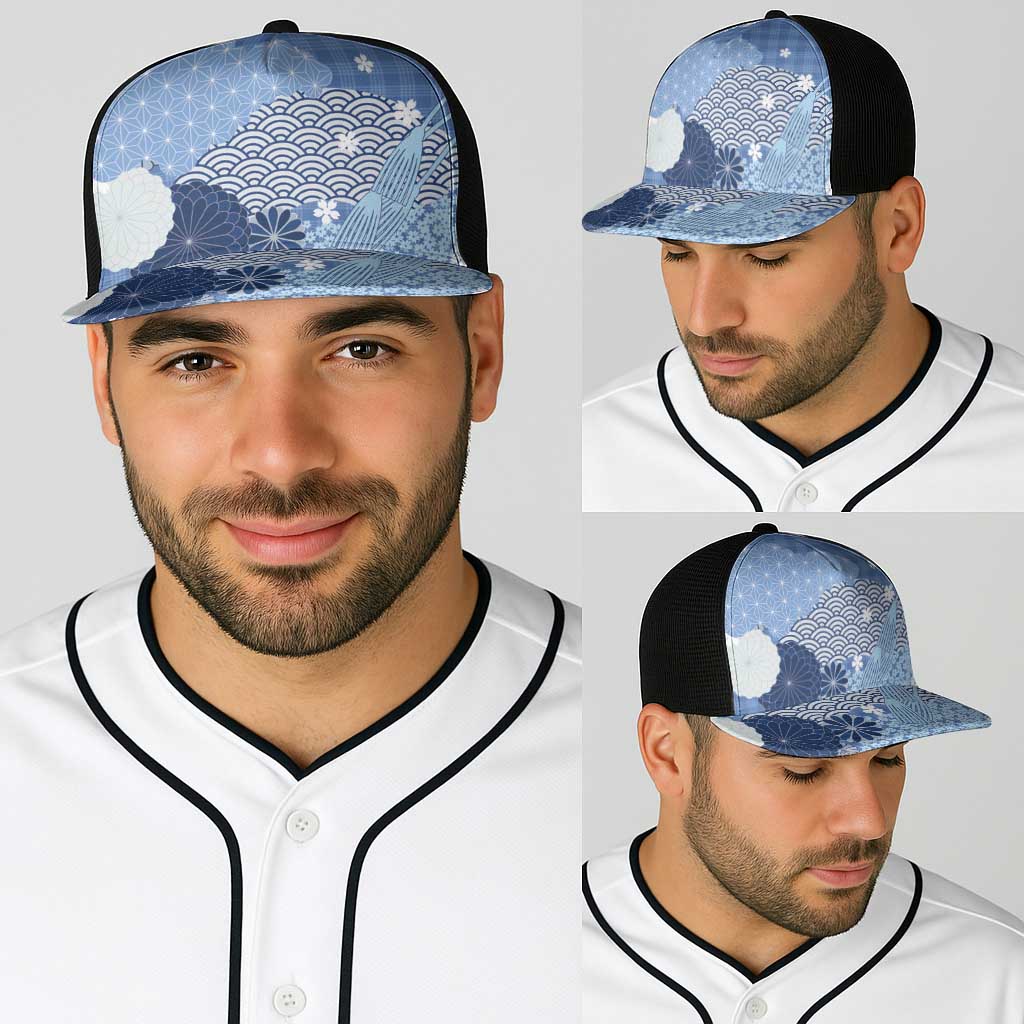 Blue Japanese Traditional Motifs Baseball Net Cap Palaka With Asanoha Seigaiha Sakura - Polynesian Pride