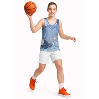 Blue Palaka Japanese Patterns Basketball Jersey Asanoha Seigaiha Sakura Motif - Polynesian Pride