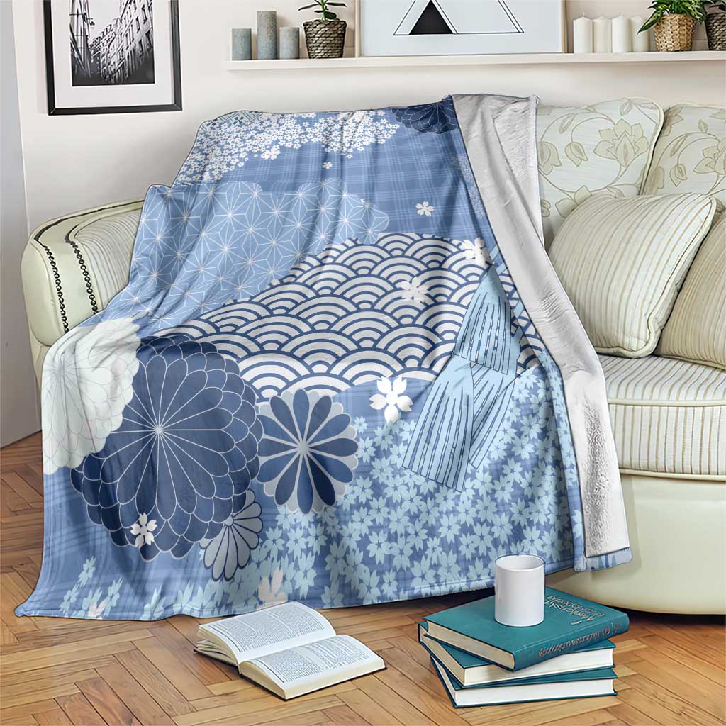 Blue Palaka Japanese Patterns Blanket Asanoha Seigaiha Sakura Motif - Polynesian Pride