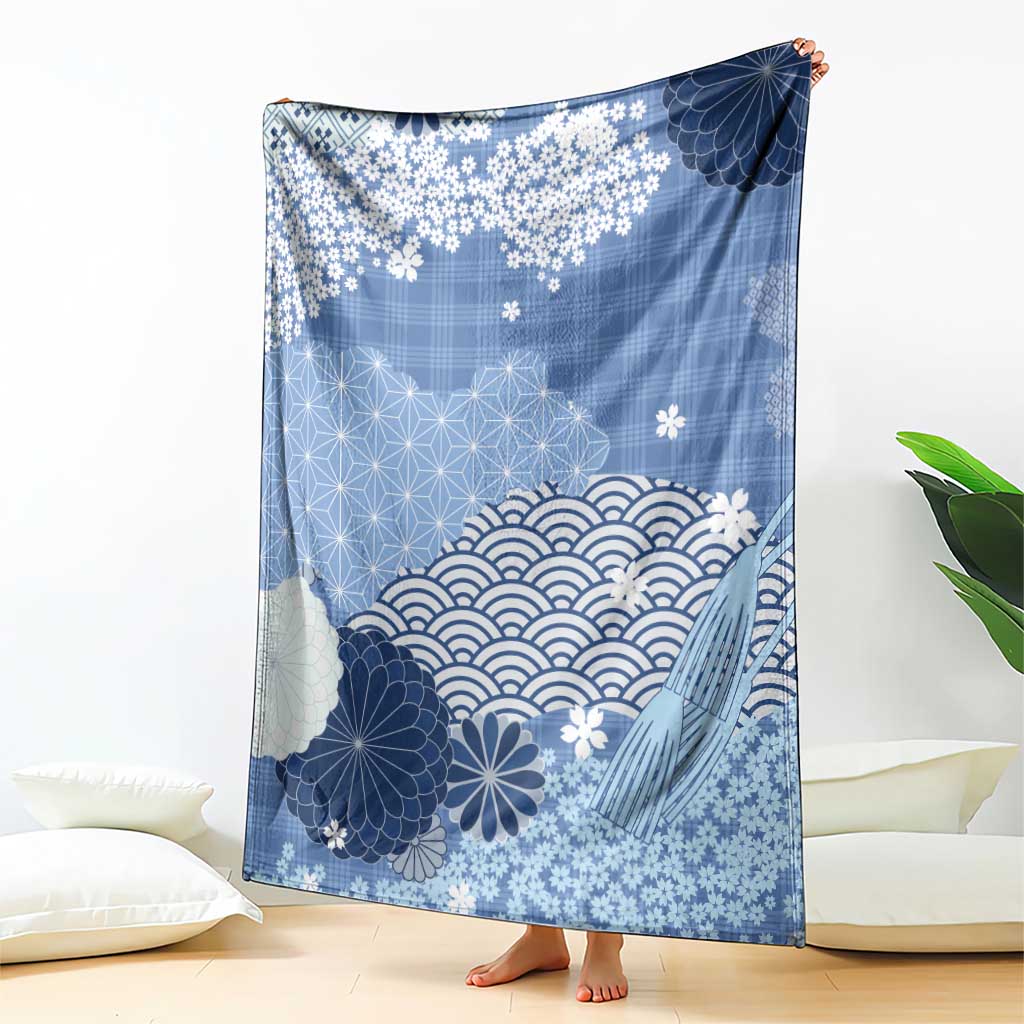 Blue Palaka Japanese Patterns Blanket Asanoha Seigaiha Sakura Motif - Polynesian Pride